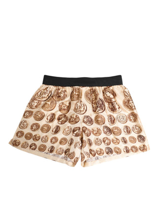 Shorts de baño de seda con estampado de monedas antiguas marrón  