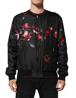 Schwarz-Rot geblümte Seidenbomberjacke