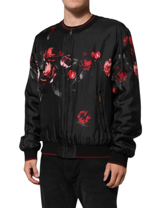 Chaqueta bomber de seda negra con estampado floral rojo  