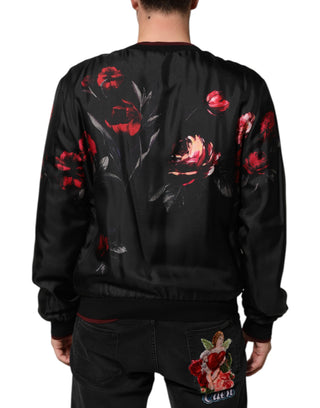 Chaqueta bomber de seda negra con estampado floral rojo  