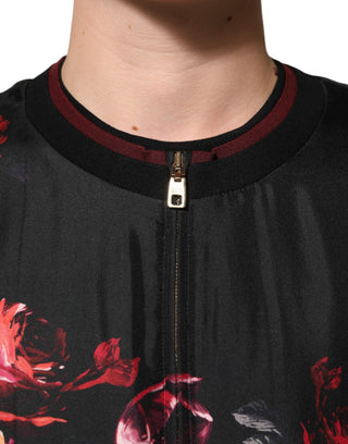 Chaqueta bomber de seda negra con estampado floral rojo  