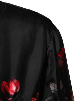 Chaqueta bomber de seda negra con estampado floral rojo  