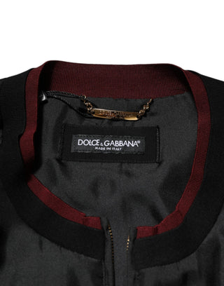 Chaqueta bomber de seda negra con estampado floral rojo  
