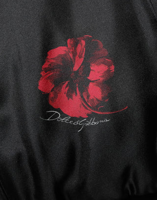 Chaqueta bomber de seda negra con estampado floral rojo  