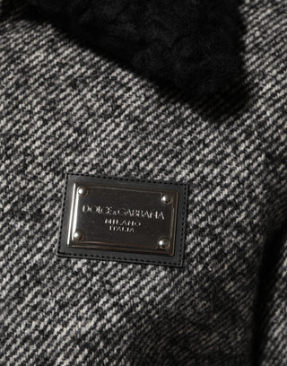 Gray Wool Herringbone Shearling Collar Bomber Jacket