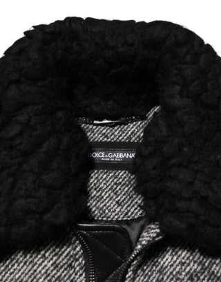 Gray Wool Herringbone Shearling Collar Bomber Jacket