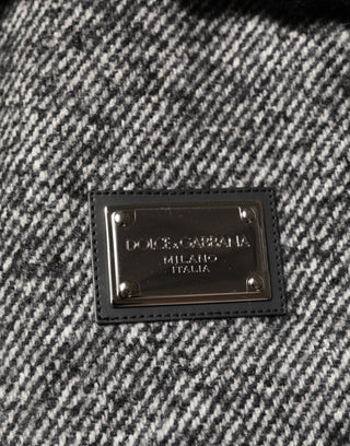 Gray Wool Herringbone Shearling Collar Bomber Jacket