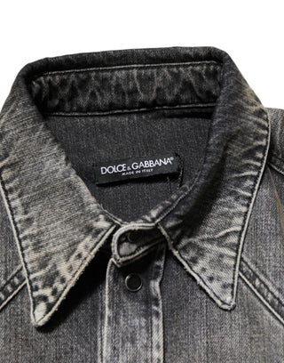 Black Washed Cotton Snap Long Sleeve Casual Shirt