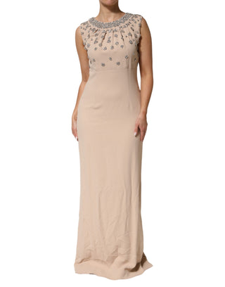 Nudesfarbenes, perlenbesticktes Kleid mit Kristallverzierung