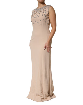 Nudesfarbenes, perlenbesticktes Kleid mit Kristallverzierung