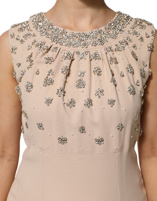 Nudesfarbenes, perlenbesticktes Kleid mit Kristallverzierung