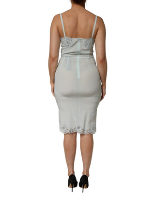 Hellblaues Seiden-Spitzen-Midi-Bodycon-Trägerkleid