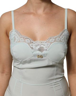 Hellblaues Seiden-Spitzen-Midi-Bodycon-Trägerkleid