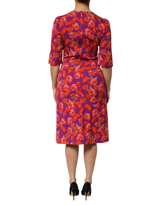 Lila Seiden-Midikleid mit Blumenmuster