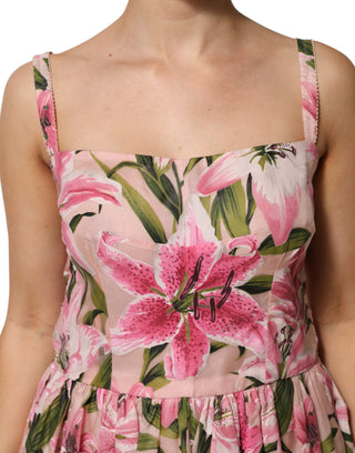 Rosa geblümtes ärmelloses Midikleid mit Lilienmuster