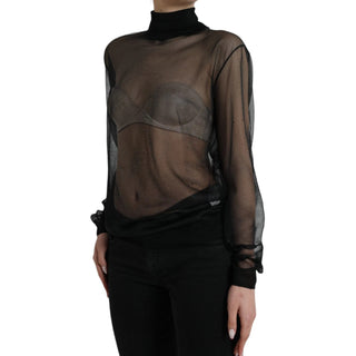 Blusa negra transparente de malla con cuello alto