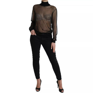 Schwarzer Netz-Rollkragenpullover, durchsichtige Bluse
