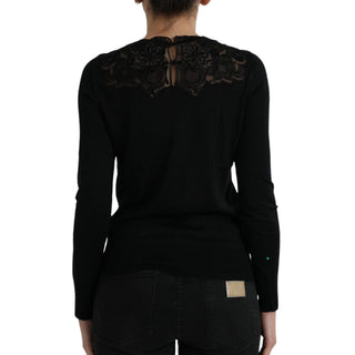 Black Silk Lace Trim Long Sleeves Blouse Top