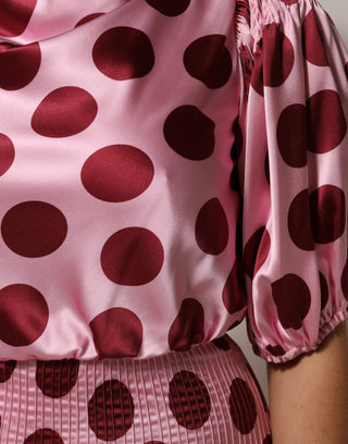 Pink Red Polka Dot Silk Satin Maxi Gown Dress