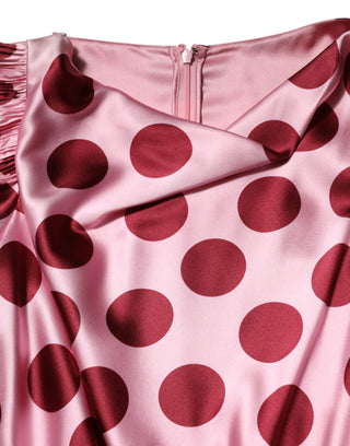 Pink Red Polka Dot Silk Satin Maxi Gown Dress