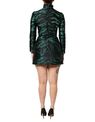 Schwarz-grünes Metallic-Jacquard-Minikleid mit langen Ärmeln