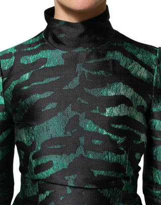 Schwarz-grünes Metallic-Jacquard-Minikleid mit langen Ärmeln
