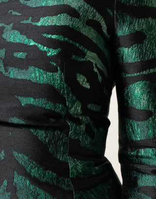 Schwarz-grünes Metallic-Jacquard-Minikleid mit langen Ärmeln