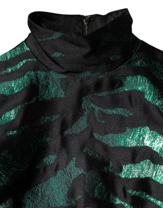 Schwarz-grünes Metallic-Jacquard-Minikleid mit langen Ärmeln