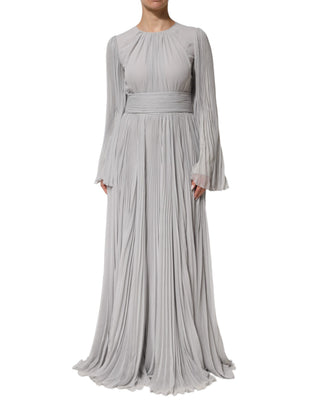 Graues plissiertes Maxikleid mit langen Ärmeln aus Seidenmischung