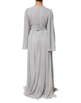 Graues plissiertes Maxikleid mit langen Ärmeln aus Seidenmischung