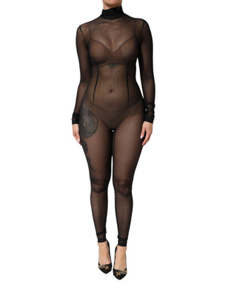 Schwarzer transparenter Mesh-Overall Langarm-Bodysuit-Kleid