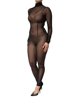 Schwarzer transparenter Mesh-Overall Langarm-Bodysuit-Kleid