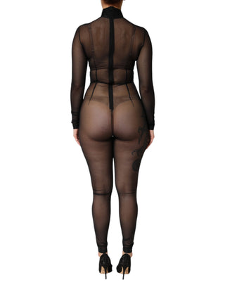Schwarzer transparenter Mesh-Overall Langarm-Bodysuit-Kleid