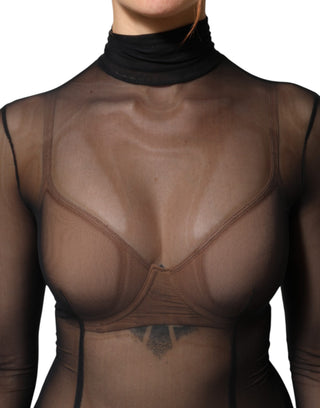 Schwarzer transparenter Mesh-Overall Langarm-Bodysuit-Kleid