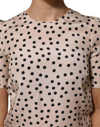 Beige Black Polka Dot Silk Short Sleeve Blouse Top