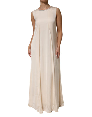 Beiges ärmelloses, plissiertes langes Maxikleid aus Viskose