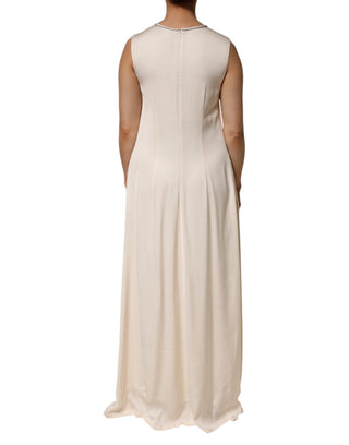 Beiges ärmelloses, plissiertes langes Maxikleid aus Viskose