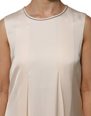 Beiges ärmelloses, plissiertes langes Maxikleid aus Viskose