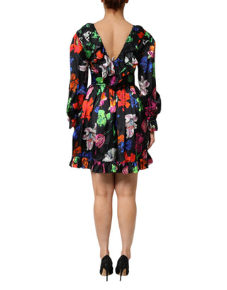 Kleid Schwarz Mehrfarbig Blumen Rüschen Langarm Minikleid