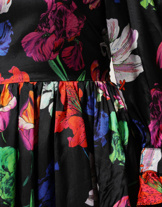 Kleid Schwarz Mehrfarbig Blumen Rüschen Langarm Minikleid