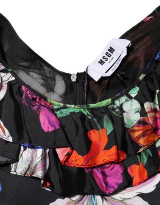 Kleid Schwarz Mehrfarbig Blumen Rüschen Langarm Minikleid