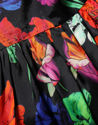 Kleid Schwarz Mehrfarbig Blumen Rüschen Langarm Minikleid