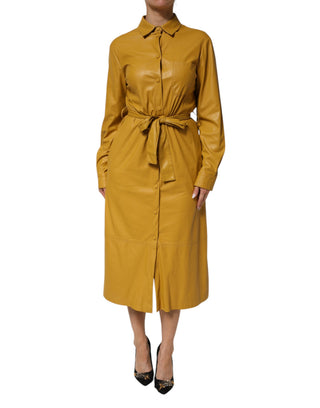 Polyester Hemd mit Gürtel, Midi, Lange Ärmel, Gelb Senf