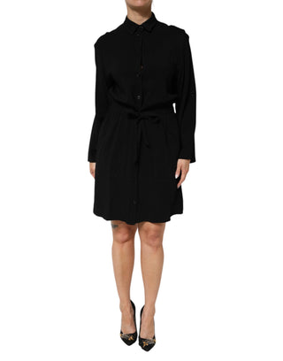 Vestido negro de mezcla de viscosa estilo camisa con cinturón