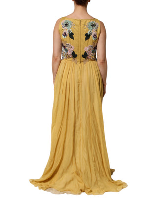 Gelbes Seiden-Maxikleid mit Blumenstickerei