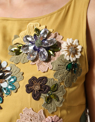 Gelbes Seiden-Maxikleid mit Blumenstickerei