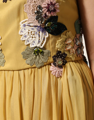 Gelbes Seiden-Maxikleid mit Blumenstickerei