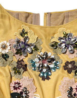 Gelbes Seiden-Maxikleid mit Blumenstickerei