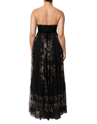 Trägerloses Kleid mit schwarzem Blumenschlüsselprint und Kristallen