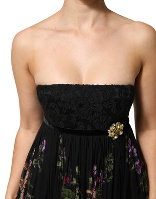 Trägerloses Kleid mit schwarzem Blumenschlüsselprint und Kristallen
